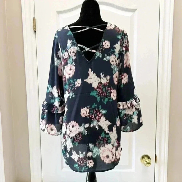 DR2 Blouse Sheer Ruffle Sleeve Bohemian Dark Floral Flowy Blue Size Small - Picture 12 of 14